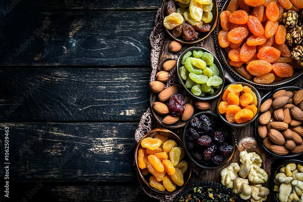 A variety of dried fruits and nuts arranged in bowls on a wooden surface. AI Image A variety of dried fruits and nuts arranged in bowls on a wooden surface. AI Image