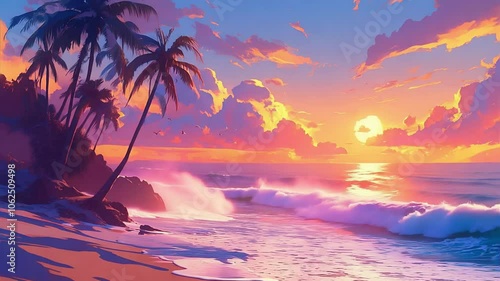Vibrant Seamless Looping Tropical Beach Sunset Animation