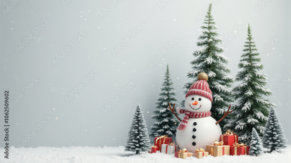 A Cheerful Snowman in Snowy Landscape Surrounded by Evergreen Trees and Colorful Presents During the Festive Winter Season, Capturing Joy and Togetherness of Christmas Celebrations A Cheerful Snowman in Snowy Landscape Surrounded by Evergreen Trees and Colorful Presents During the Festive Winter Season, Capturing Joy and Togetherness of Christmas Celebrations