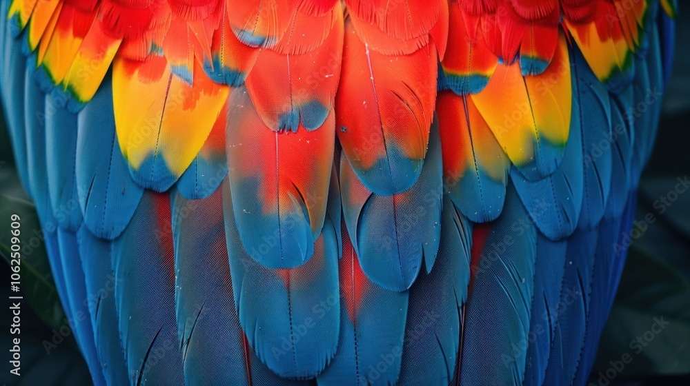 Obraz premium Vibrant red, yellow, and blue feathers of a macaw, close-up.