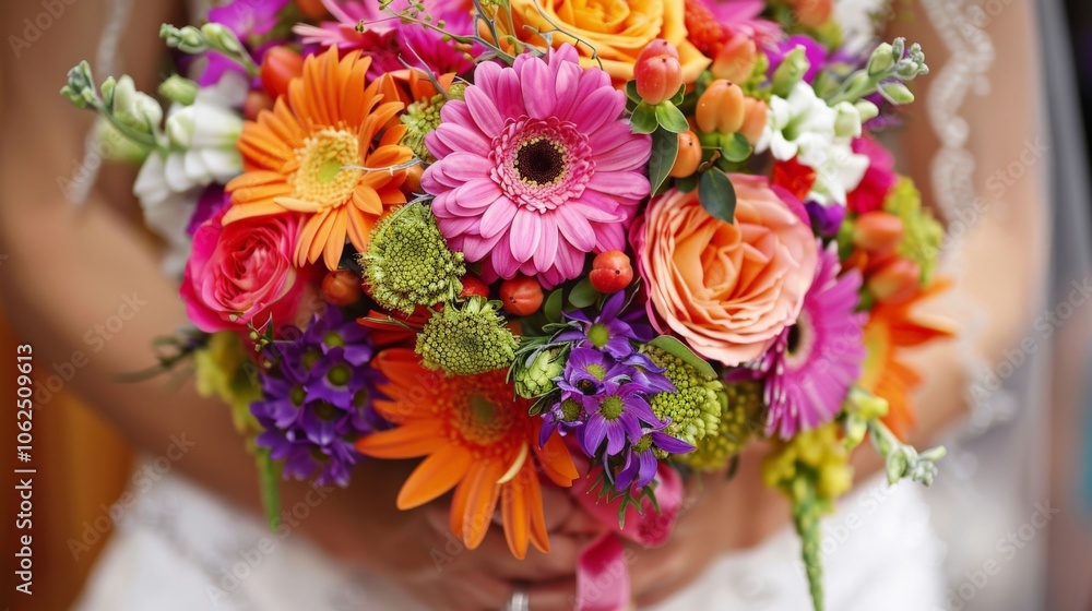 Close-up of a bride's bouquet with a variety of colorful flowers, highlighting beauty and creativity Close-up of a bride's bouquet with a variety of colorful flowers, highlighting beauty and creativity