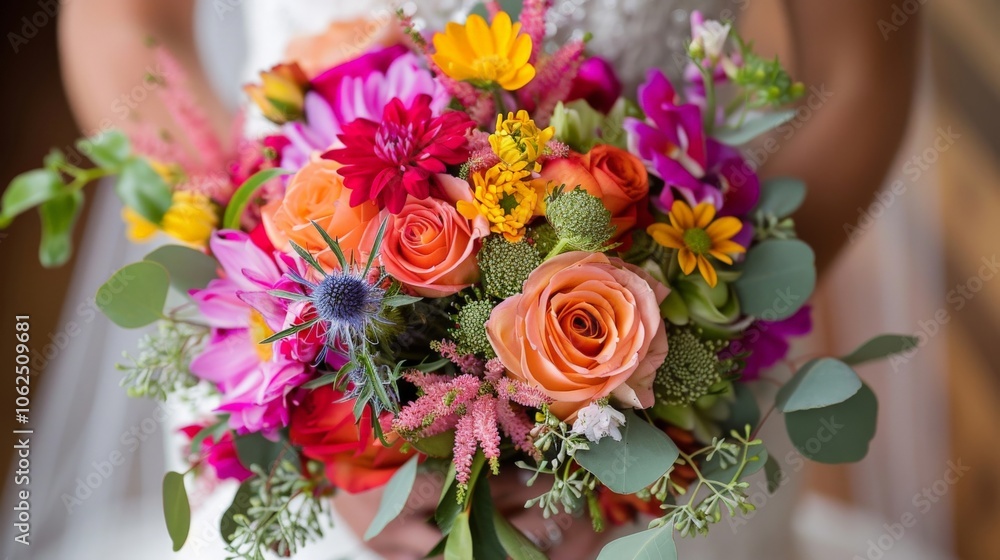 Close-up of a bride's bouquet with a variety of colorful flowers, highlighting beauty and creativity Close-up of a bride's bouquet with a variety of colorful flowers, highlighting beauty and creativity