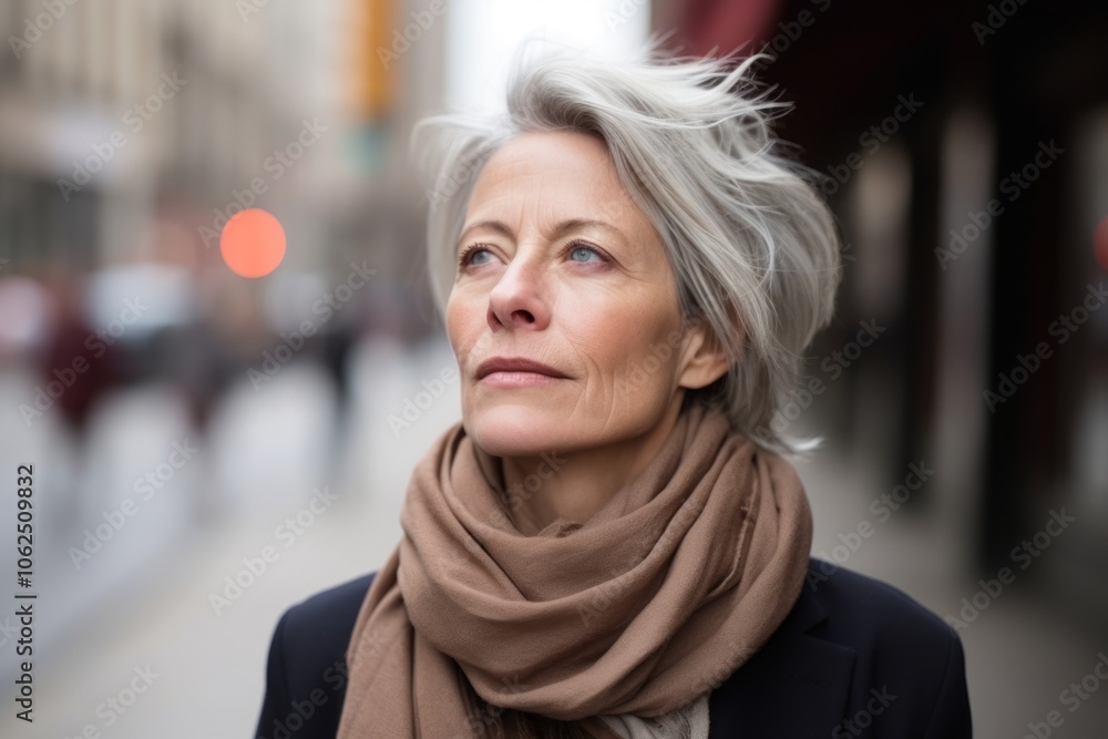 Portrait of sad mature woman in scarf looking away on city street Portrait of sad mature woman in scarf looking away on city street