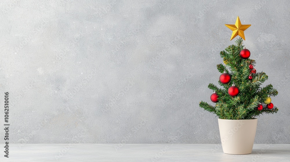 A small, decorative Christmas tree in a pot with red ornaments and a star on top, set against a light gray background. A small, decorative Christmas tree in a pot with red ornaments and a star on top, set against a light gray background.