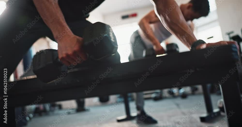 Workout, dumbbell and personal trainer with people in gym for training, exercise closeup and fitness. Bodybuilder, strong and sports athlete with person and weights for energy, wellness and team Workout, dumbbell and personal trainer with people in gym for training, exercise closeup and fitness. Bodybuilder, strong and sports athlete with person and weights for energy, wellness and team