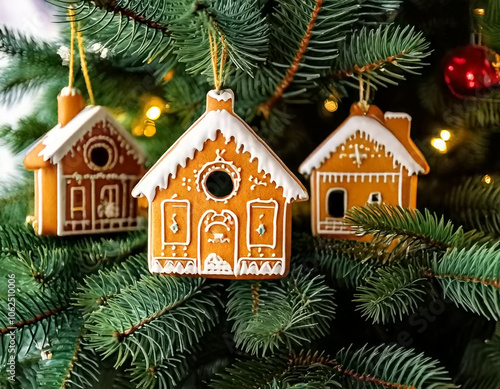 gingerbread house ornaments on a Christmas tree AI