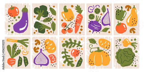 Posters backgrounds templates set with hand drawn fresh natural farm vegetables and greenery