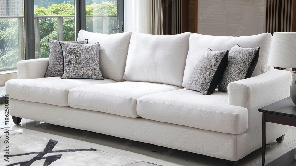 Obraz premium A white sofa with black and white pillows in a modern living room.