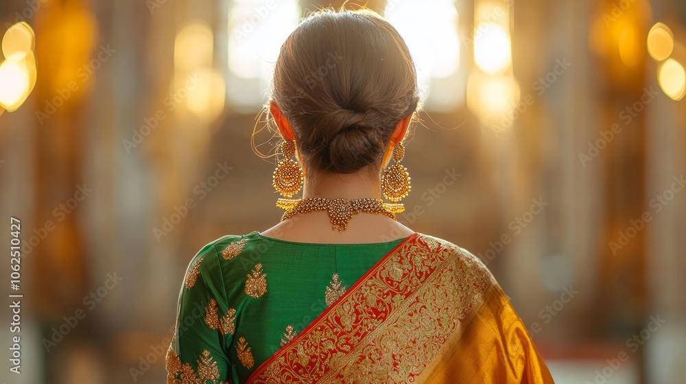 Elegant Traditional Attire with Back View of Woman Elegant Traditional Attire with Back View of Woman