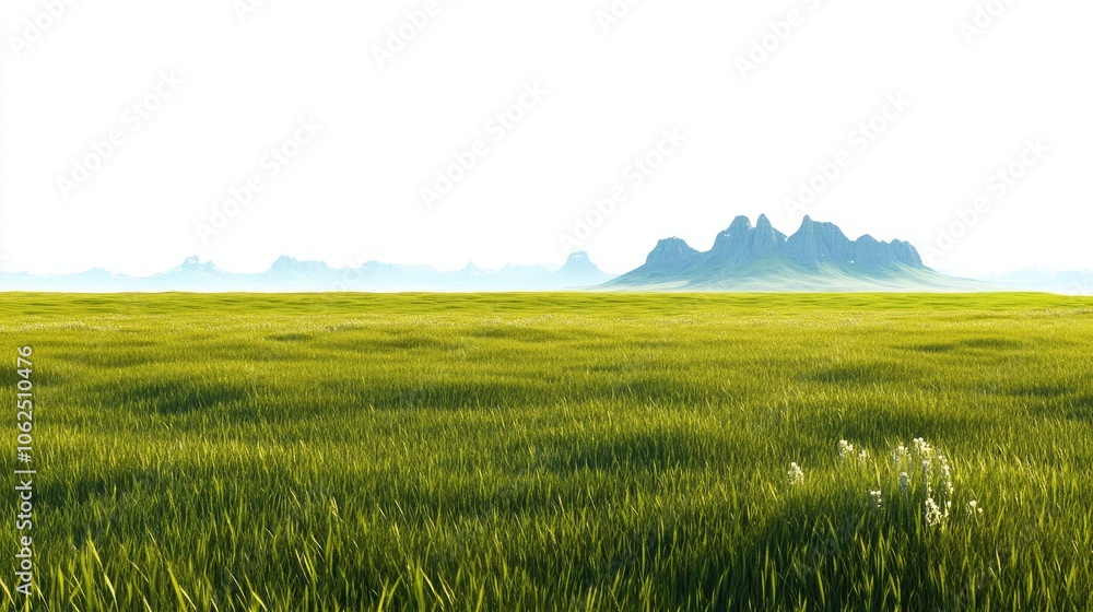 Obraz premium Expansive Green Fields With Distant Mountain Ranges Under Bright Sky Generative AI