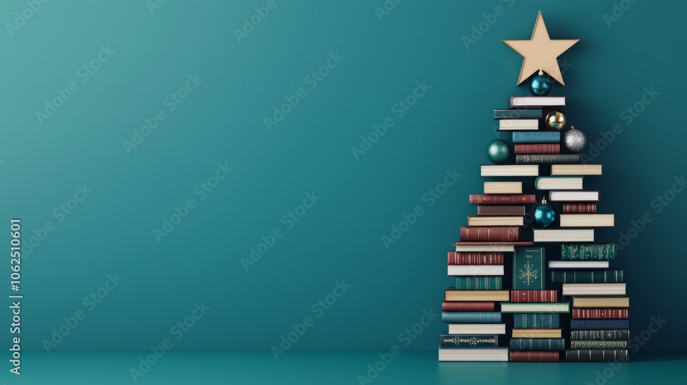 A creative Christmas tree made of stacked books, topped with a star, set against a teal background. A creative Christmas tree made of stacked books, topped with a star, set against a teal background.