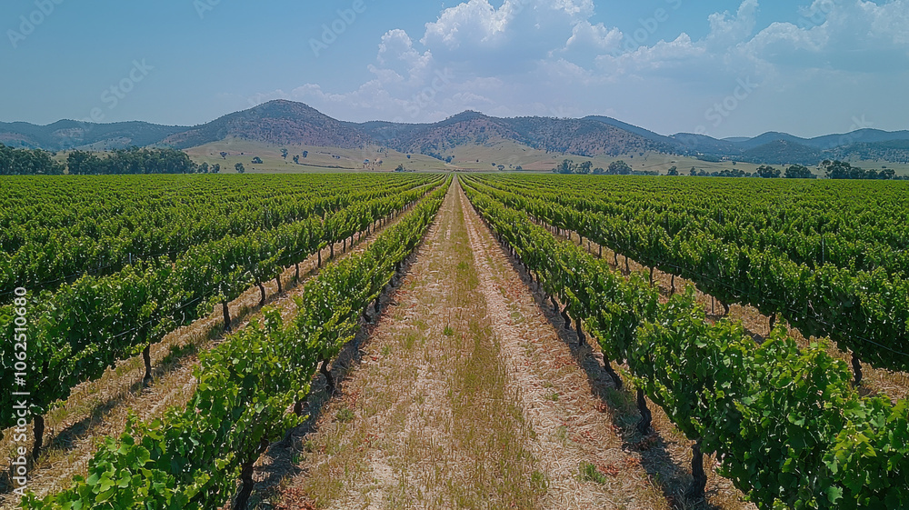 Aerial view of lush vineyard with rows of grapevines under bright sky. landscape features rolling hills in background, showcasing beauty of nature during harvest season Aerial view of lush vineyard with rows of grapevines under bright sky. landscape features rolling hills in background, showcasing beauty of nature during harvest season