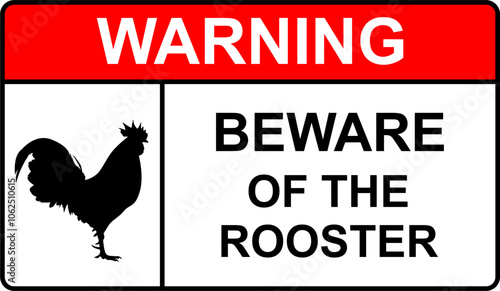 Red and Black Warning Sign Sticker Template with Rooster Icon, Simple Design for Attention, Vector Graphic Illustration Isolated on White Background, Editable EPS File