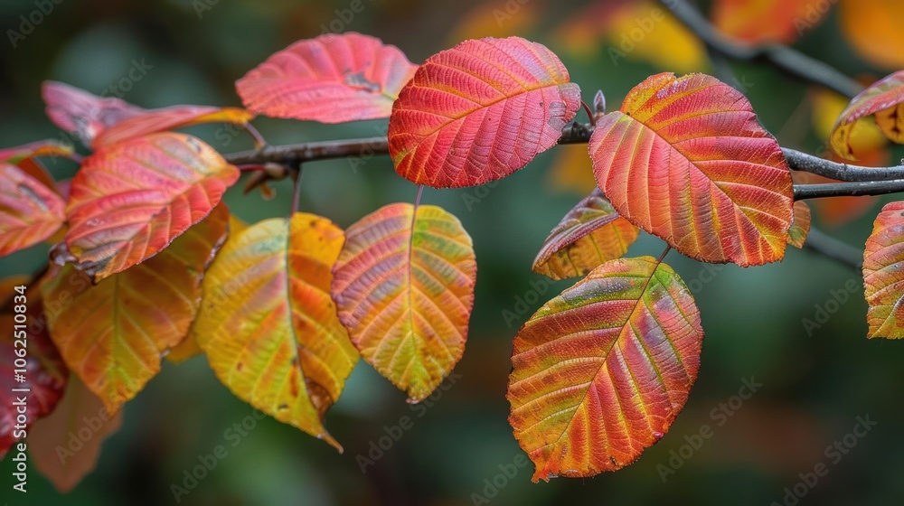 Vibrant red, orange, and yellow leaves on a branch in autumn. Vibrant red, orange, and yellow leaves on a branch in autumn.