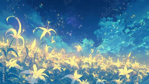 Enchanted Seamless Loop Anime Field with Starry Sky Background