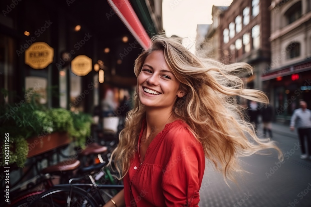 Portrait of a beautiful young woman with long blond hair in the city Portrait of a beautiful young woman with long blond hair in the city