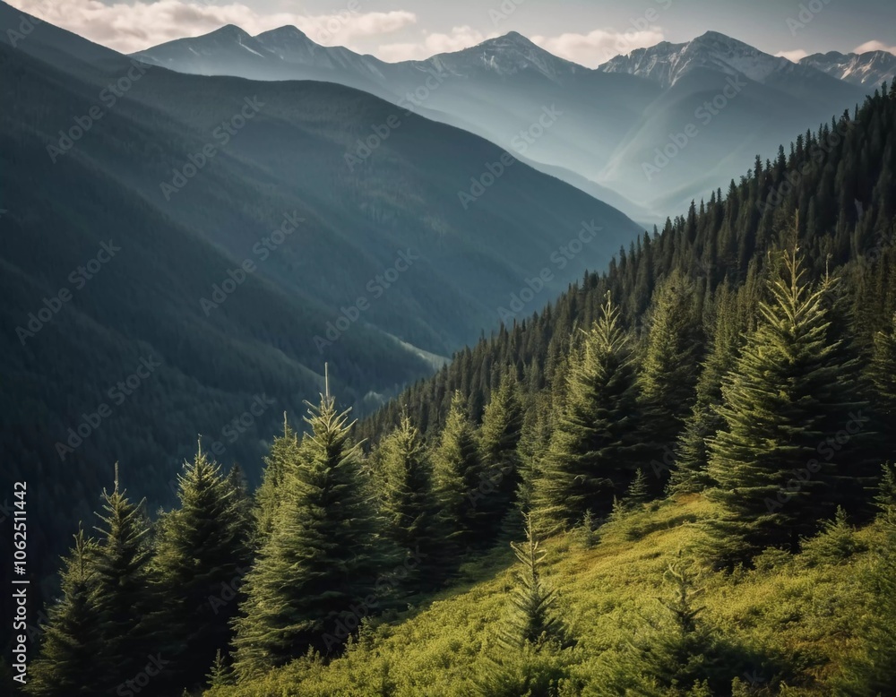 Fototapeta premium Majestic mountains tower over a serene spruce forest beneath a dramatic sky, showcasing nature beauty at dusk. Towering mountains with rolling hills and moody sky highlighting peaceful wilderness. AI