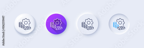 Money line icon. Neumorphic, Purple gradient, 3d pin buttons. Transfer payment sign. Bank account maintenance symbol. Line icons. Neumorphic buttons with outline signs. Vector