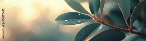 A leaf with water droplets on it. The leaf is green and the water droplets are clear