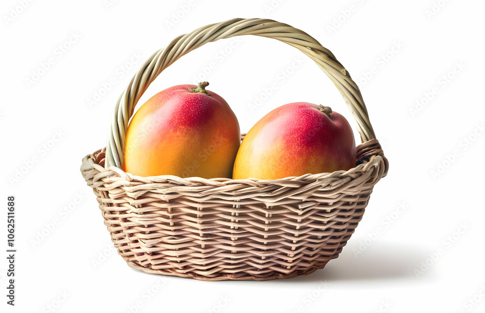 Two ripe mangoes in a wicker basket. Two ripe mangoes in a wicker basket.