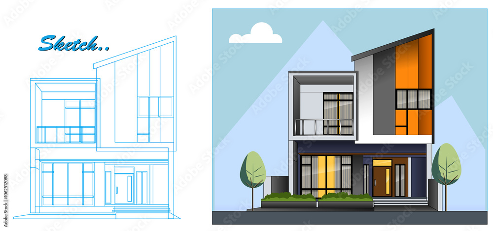 An Illustration of Modern Minimalist Template House Design with Blueprint Sketch, featuring a clean and contemporary two-story structure. An Illustration of Modern Minimalist Template House Design with Blueprint Sketch, featuring a clean and contemporary two-story structure.