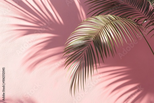 Light pink wall adorned with the soft shadow of palm fronds, creating an abstract background for product displays.