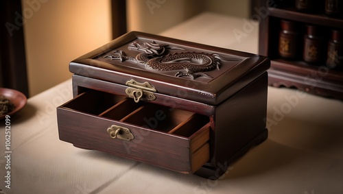 A wooden jewelry box with a dragon carving on the lid and a drawer with three compartments open.