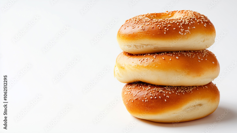 Freshly baked bagels stacked high, showcasing golden brown crust and sprinkle of sesame seeds. Perfect for breakfast or snack, these bagels are soft and delicious. Freshly baked bagels stacked high, showcasing golden brown crust and sprinkle of sesame seeds. Perfect for breakfast or snack, these bagels are soft and delicious.