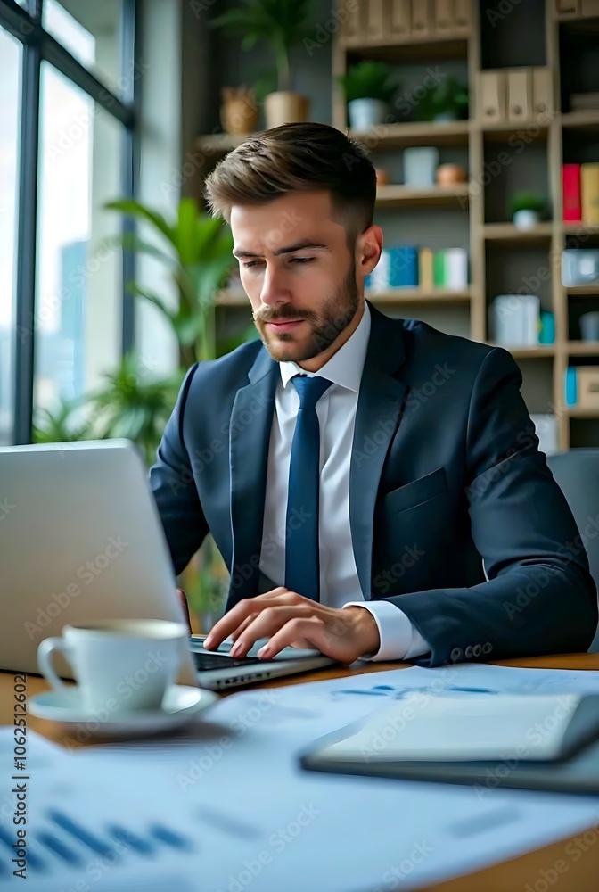 Business professional working on laptop with financial reports, graphs, and charts in an office, focused on finance and accounting tasks in a corporate environment Business professional working on laptop with financial reports, graphs, and charts in an office, focused on finance and accounting tasks in a corporate environment
