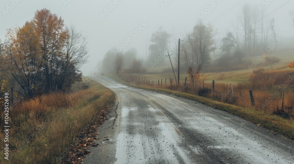 Desolate rural road on a foggy rainy autumn day Desolate rural road on a foggy rainy autumn day