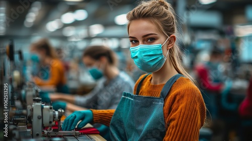 Young Seamstress Working in Workshop with Protective Mask