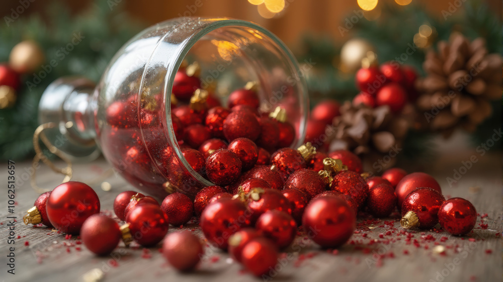 Festive Red Christmas Ornaments Spilling From a Glass Jar, Surrounded by Holiday Decorations and Bokeh Lights, Creating a Warm and Cheerful Atmosphere for Seasonal Celebrations Festive Red Christmas Ornaments Spilling From a Glass Jar, Surrounded by Holiday Decorations and Bokeh Lights, Creating a Warm and Cheerful Atmosphere for Seasonal Celebrations