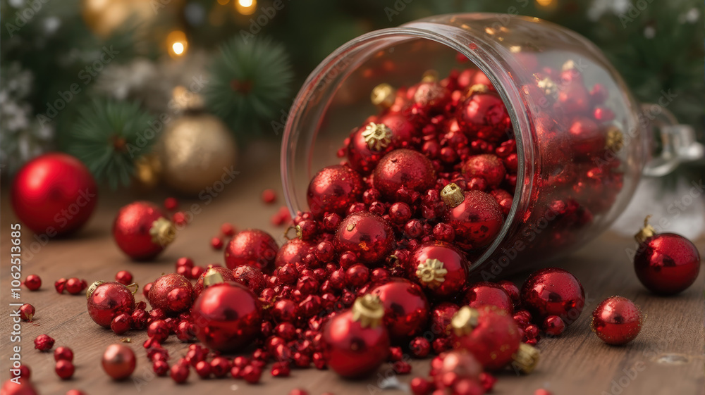 Red Christmas Ornaments Spill From Glass Jar On Wooden Surface Surrounded by Festive Decoration, Pine Branches, and Sparkling Lights in Cozy Holiday Setting for Seasonal Celebration Red Christmas Ornaments Spill From Glass Jar On Wooden Surface Surrounded by Festive Decoration, Pine Branches, and Sparkling Lights in Cozy Holiday Setting for Seasonal Celebration