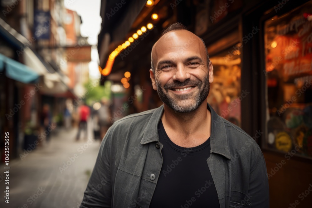 Portrait of a handsome middle-aged man smiling and looking at the camera while standing in the street. Portrait of a handsome middle-aged man smiling and looking at the camera while standing in the street.