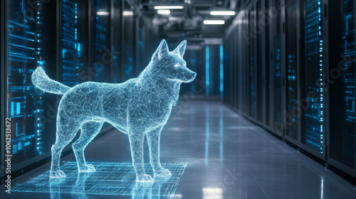 digital representation of dog made of light particles stands in high tech data center, symbolizing cybersecurity and protection. scene conveys sense of safety and innovation
