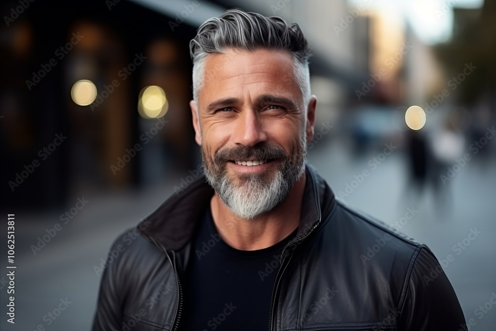 Portrait of handsome middle-aged man with beard in the city Portrait of handsome middle-aged man with beard in the city