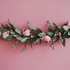 Romantic floral border featuring dusty blush pink roses and eucalyptus greenery arranged as a horizontal design element on a solid pink background.