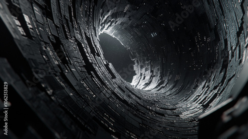 mesmerizing view of spiral tunnel made of digital structures, evoking sense of depth and mystery. intricate design suggests advanced technology and encryption