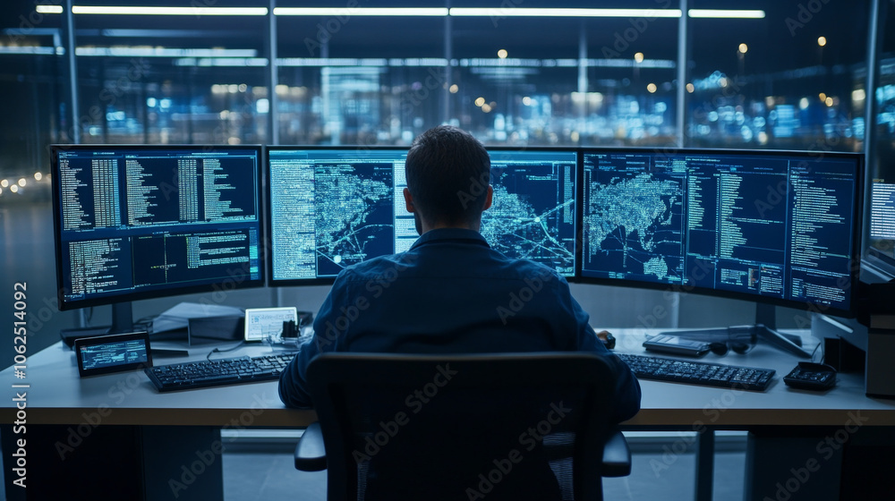 Data analyst monitoring global threat patterns on multiple screens, showcasing advanced technology and cybersecurity measures in modern control room Data analyst monitoring global threat patterns on multiple screens, showcasing advanced technology and cybersecurity measures in modern control room