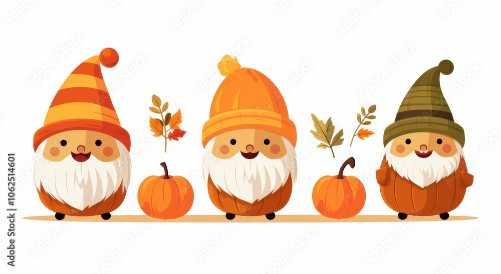 Naklejka premium Three Smiling Gnomes Dressed as Pumpkins with Fall Leaves