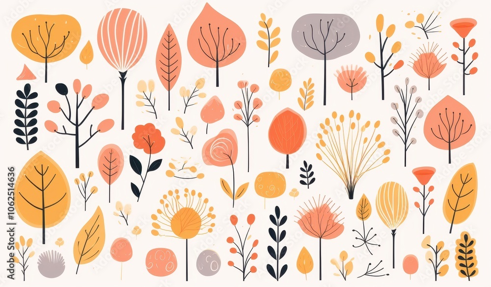 Fototapeta premium A Collection of Stylized Trees and Floral Elements in Orange and Yellow Hues