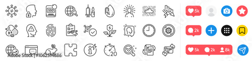 Checklist, Discrimination and Chemistry lab line icons pack. Social media icons. International copyright, Bureaucracy, Puzzle web icon. No alcohol, Refresh website, Head pictogram. Vector