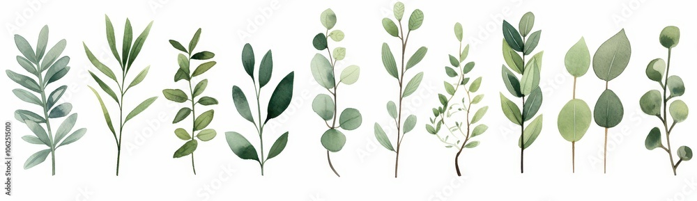 Naklejka premium Watercolor Illustration of Various Green Foliage Branches