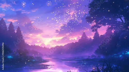 Fantasy Lake Sunset Seamless Looping Anime Background Animation