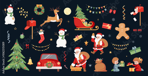 Xmas items big set. Christmas tree, Santa with gifts, сhristmas deer, snowman. Festive wreath, gingerbread. New year decorations. Winter holiday decor. Hand drawn vector illustration