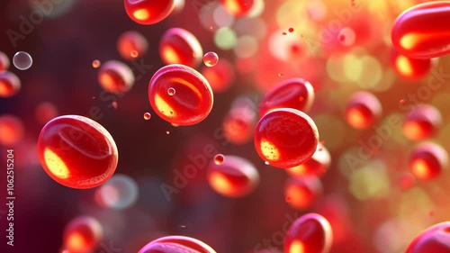 Red blood cells are shown floating in a liquid, appearing bright red with a slightly orange glow, and a blurred background