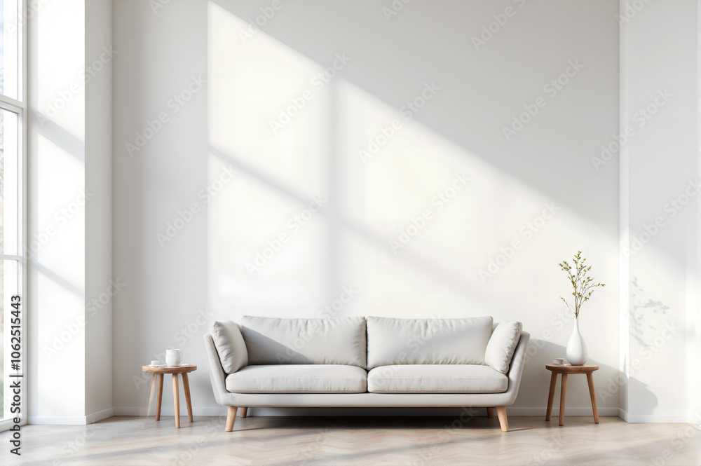 A minimalist interior design mockup , featuring a simple sofa, a small side table, and soft natural lighting. Clean lines and open space. A minimalist interior design mockup , featuring a simple sofa, a small side table, and soft natural lighting. Clean lines and open space.