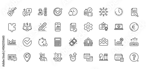 Calendar, Account and Timer line icons pack. AI, Question and Answer, Map pin icons. Time management, Inspect, Payment web icon. Time, Stress grows, Instruction manual pictogram. Vector