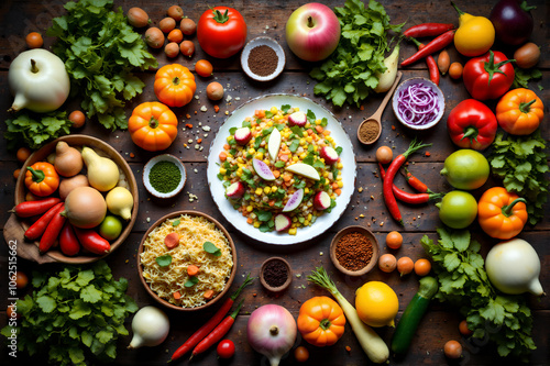 food flat lay featuring a colorful assortment of fresh ingredients and dishes arranged artfully on a rustic wooden table. The scene includes a variety of fruits, vegetables, and herbs.