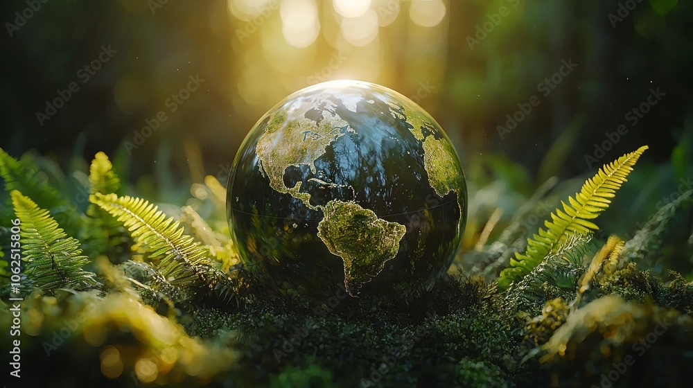 Earth Globe Surrounded by Lush Greenery and Ferns Earth Globe Surrounded by Lush Greenery and Ferns